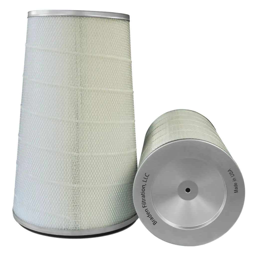 Cylindrical industrial cartridge filter with pleated white media and navy end caps