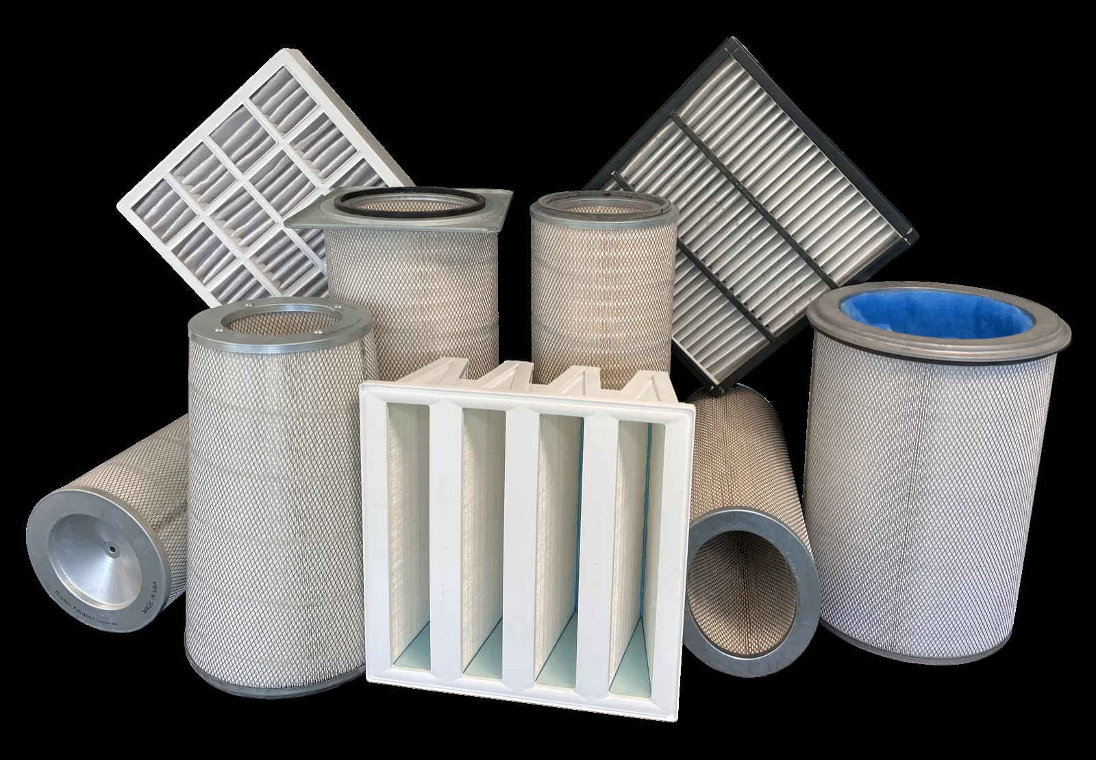 The Braden Filtration product family: V-banks, minipleat panels, pocket filters, pleated panels, and cartridge filters
